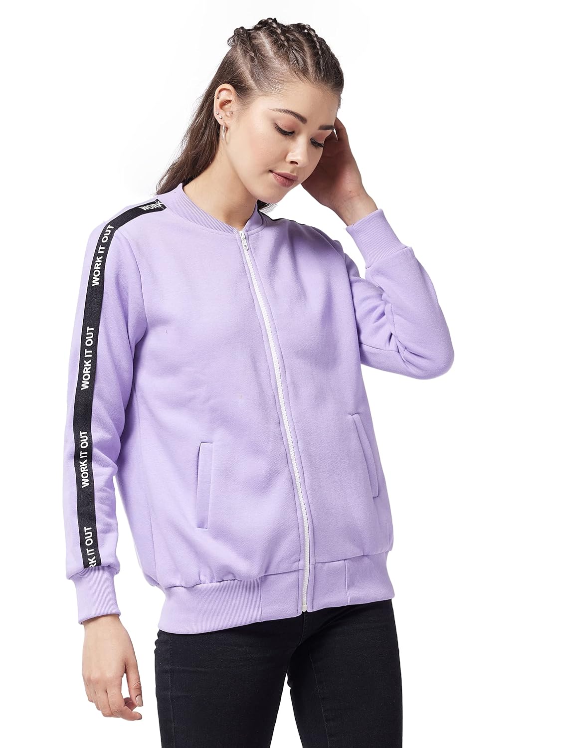 Women's Lavender V Neck Full Sleeves Solid Bomber Regular Jacket - Image 3