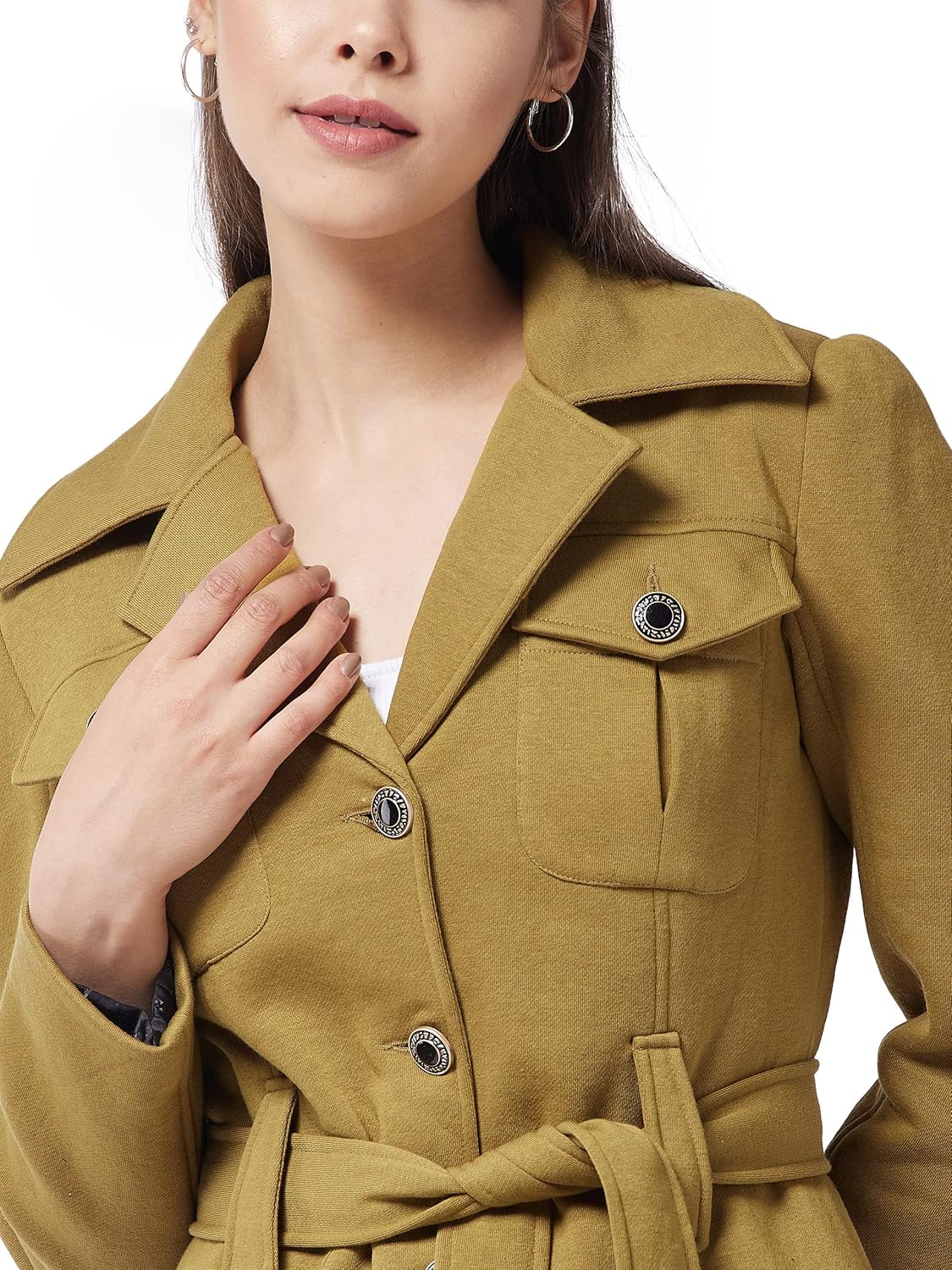 Women's Olive V-Neck Full Sleeve Solid Longline Jacket - Image 5