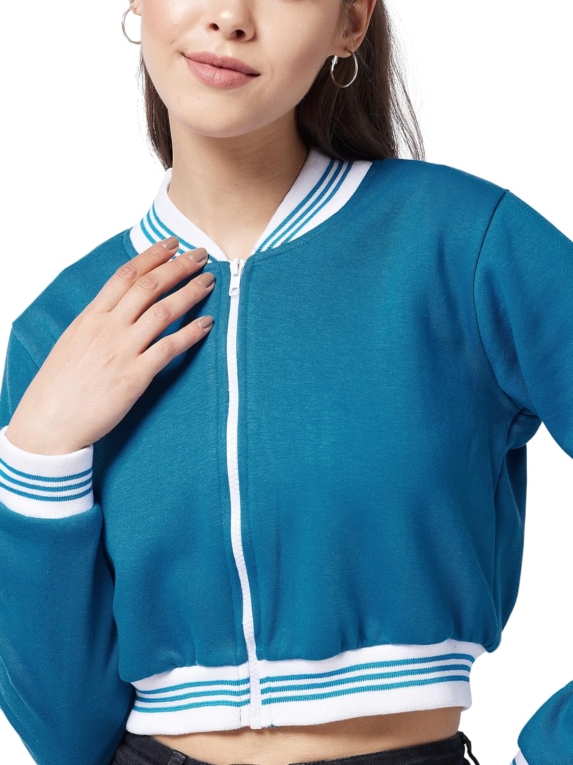 Women's Maroon V-Neck Full Sleeve Solid Bomber Crop Jacket - Image 5