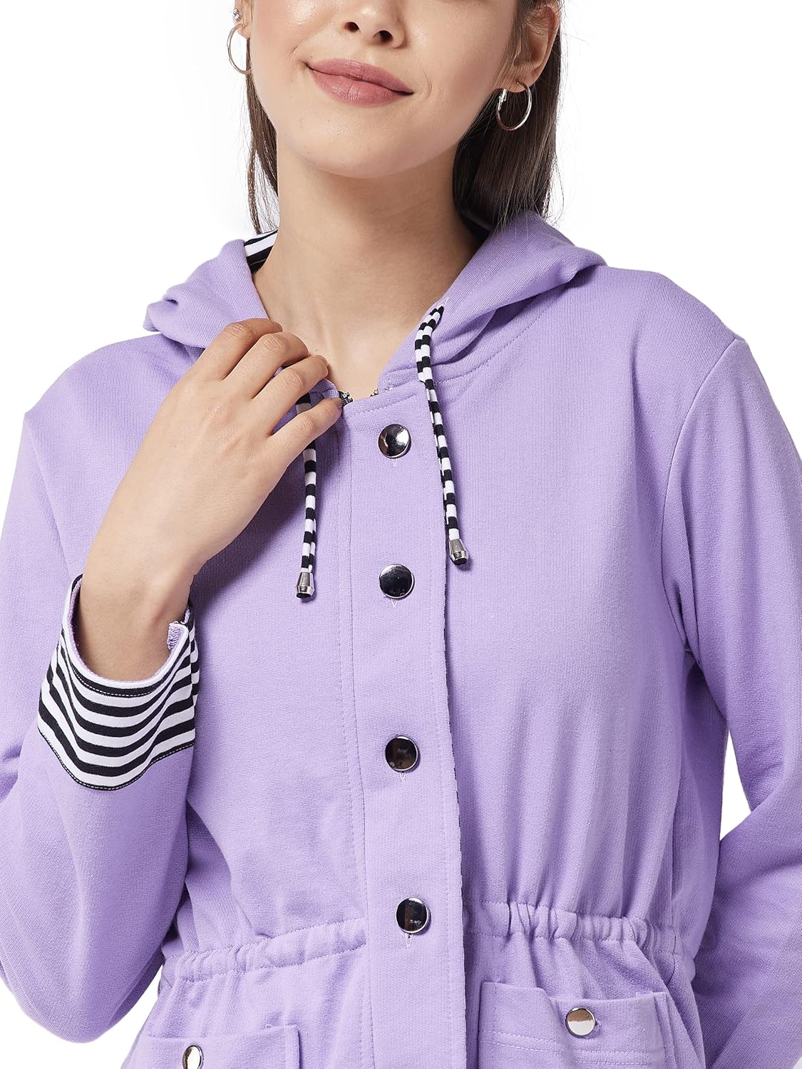 Women's Multicolor-Base Lavender Hooded Full Sleeve Solid Waist Tie-Up Regular Jacket - Image 5