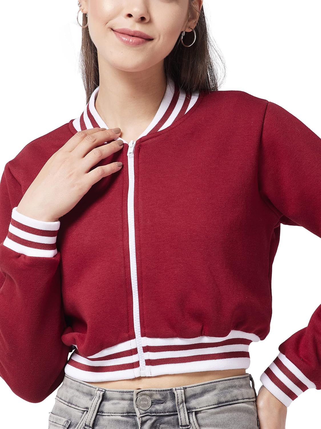 Women's Maroon V-Neck Full Sleeve Solid Bomber Crop Jacket - Image 11