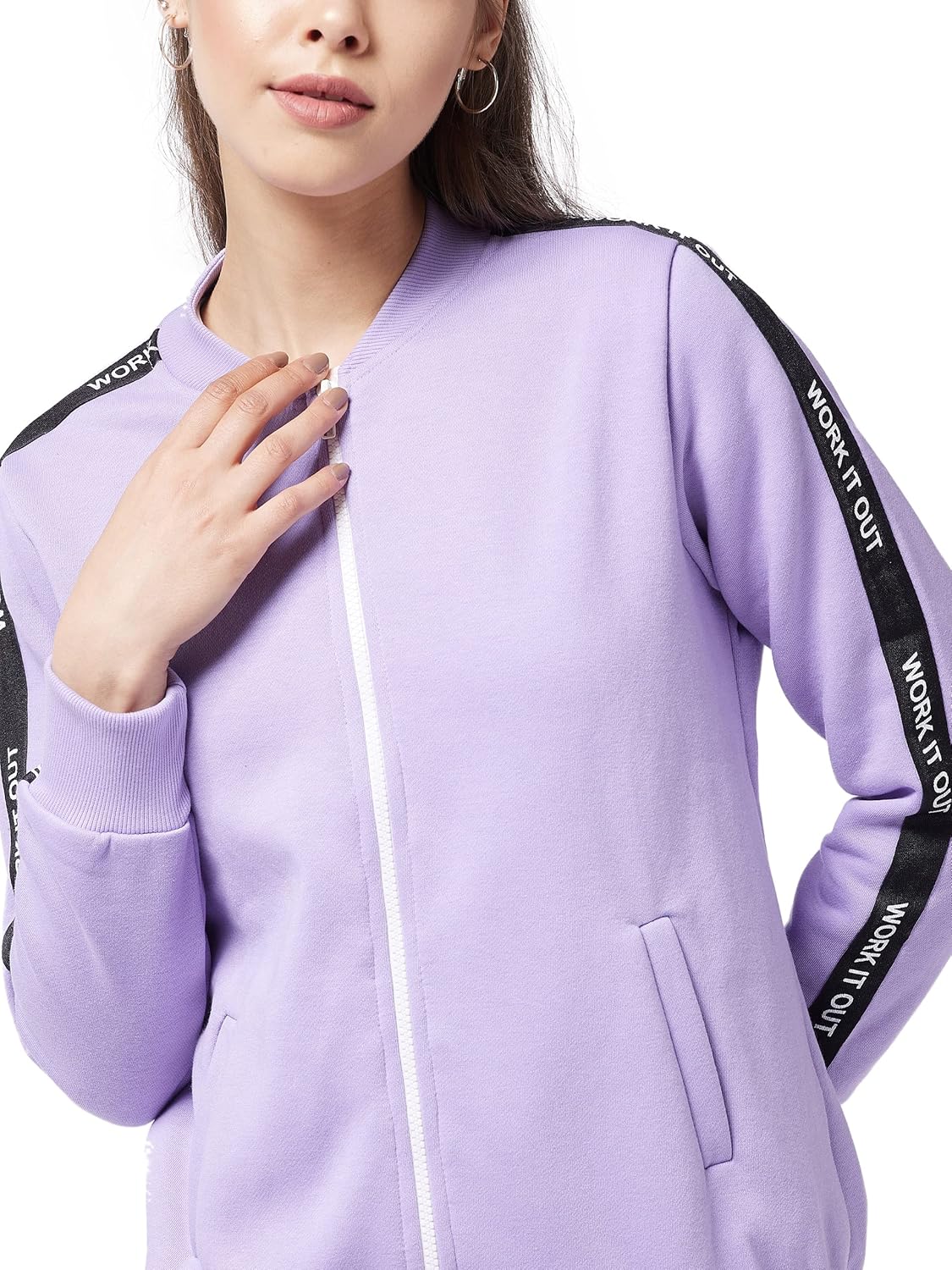 Women's Lavender V Neck Full Sleeves Solid Bomber Regular Jacket - Image 5